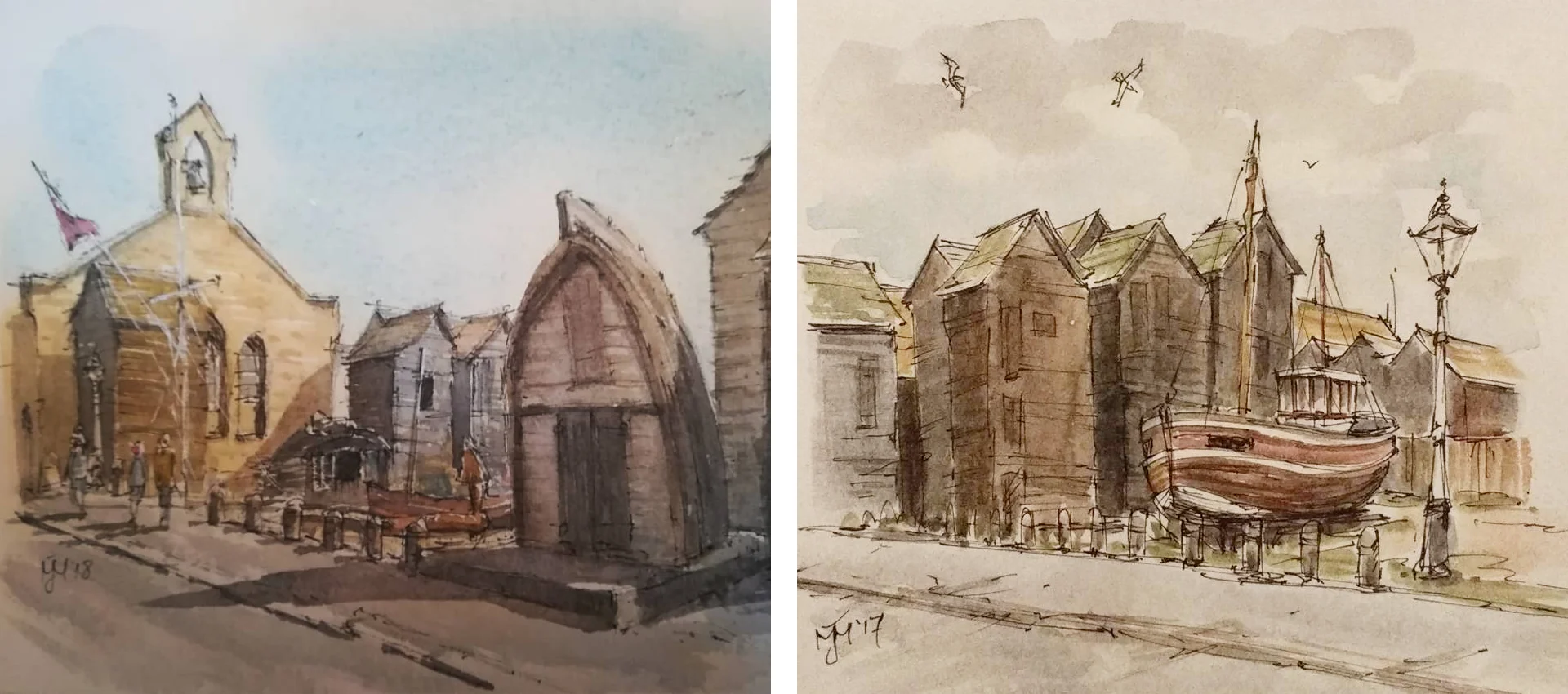 Watercolour paintings of Rock-a-Nore Road, Hastings by Marcus McDonald